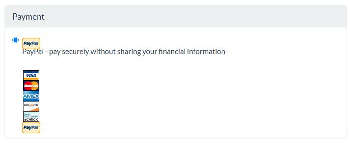 Choose the PayPal payment method to pay by card